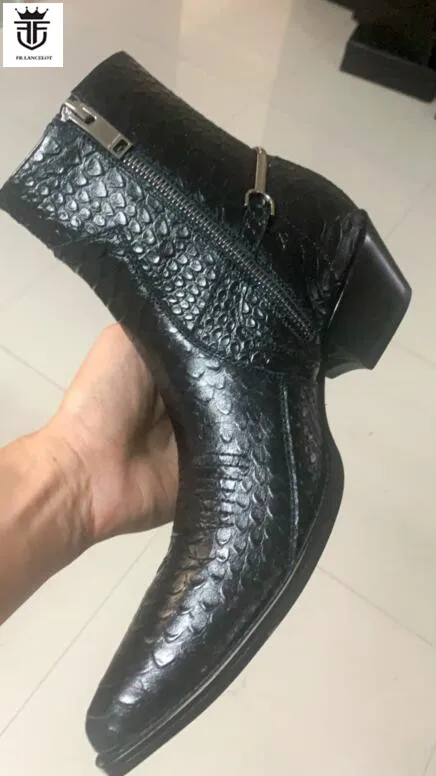 2020 snakeskin print men booties back strap Chelsea Boots leather Boots point toe Men\'s party shoes heel 5cm wedding botas