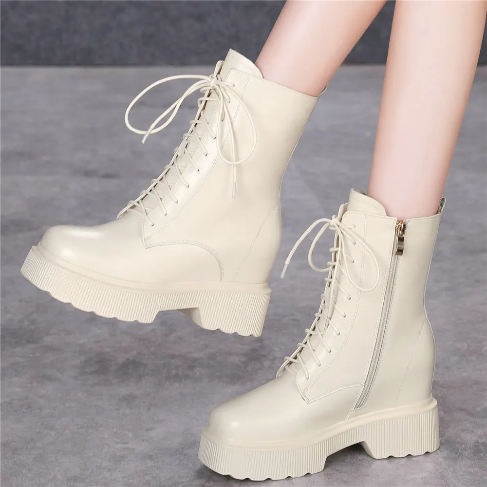 

High Top Booties Women Lace Up Cow Leather High Heel Motorcycle Boots Female Winter Warm Round Toe Platform Pumps Casual Shoes