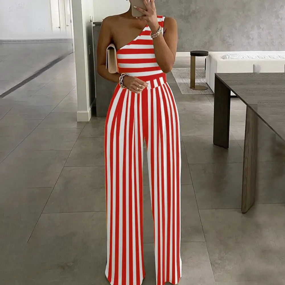 2022 Women Waist Tied Jumpsuit Stripes Print Single Shoulder Slash Neck Wide Leg Loose Jumpsuit Rompers Bodysuit боди женское