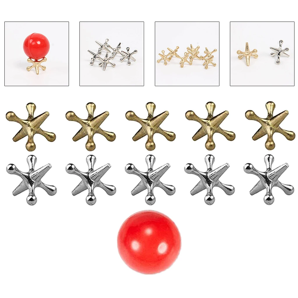 Jack Games- 10 Pcs Gold and Silver Metal Jacks 1 Red Rubber Bouncy Balls Classic Game of Jacks for Party Favor Kids and Adult