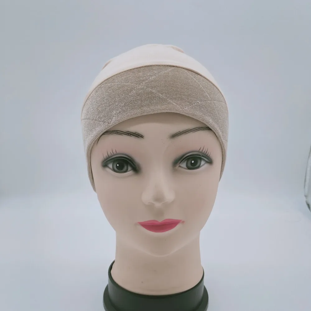 Beige color wig grip cap with velvet headband around for cancel patients comfortable and elastic