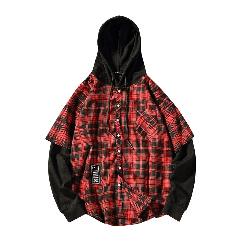 Autumn 2024 Hood Plaid Shirt Men Long Sleeves Fashion False Two Piece Loose Streetwear Casual Shirts For Men Plus Size