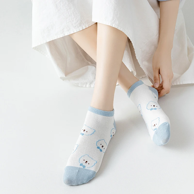 5 pares de calcetines de las mujeres Harajuku Kawaii Primavera Verano calcetines de dibujos animados oso mujer Calcetines cortos con divertidos diseños de la escuela calcetines tobilleros chicas Meias Sox