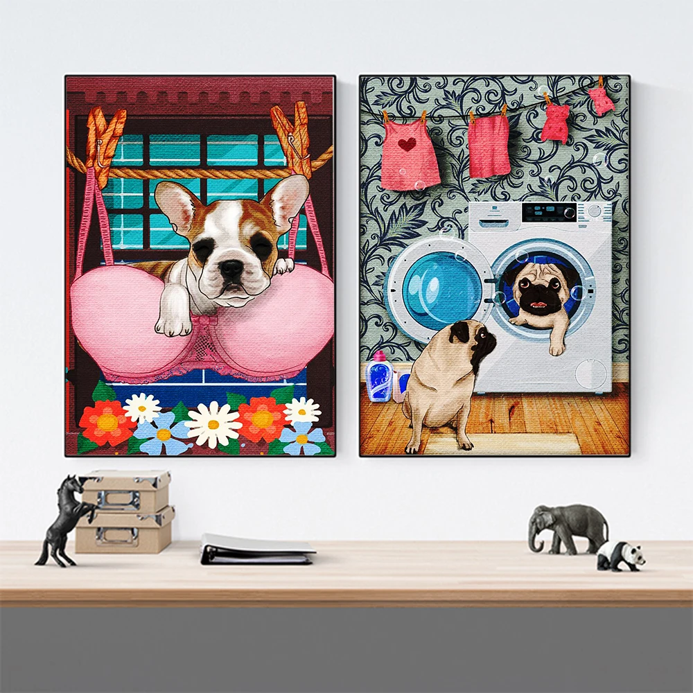 Frenchie Please Flush the Toilet Quote Dog Animal Poster Funny Cartoon Picture Kids Room Bathroom Decor Wall Art Canvas Painting