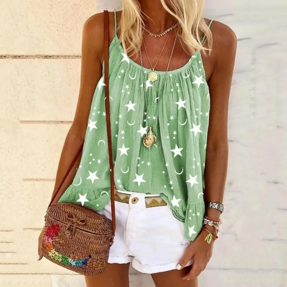 Women Camisole T-shirt Star Moon Print Spaghetti Strap Blouse U-neck Sleeveless Summer Vest Women Tops Oversized T-shirt Blusas