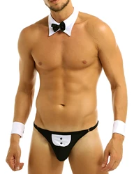 Sexy Mens Waiter Lingerie Set T-Back Tuxedo Costume G-string Thong Jockstraps Gay Male Underwear with Bow Tie Collar Wrist Cuff