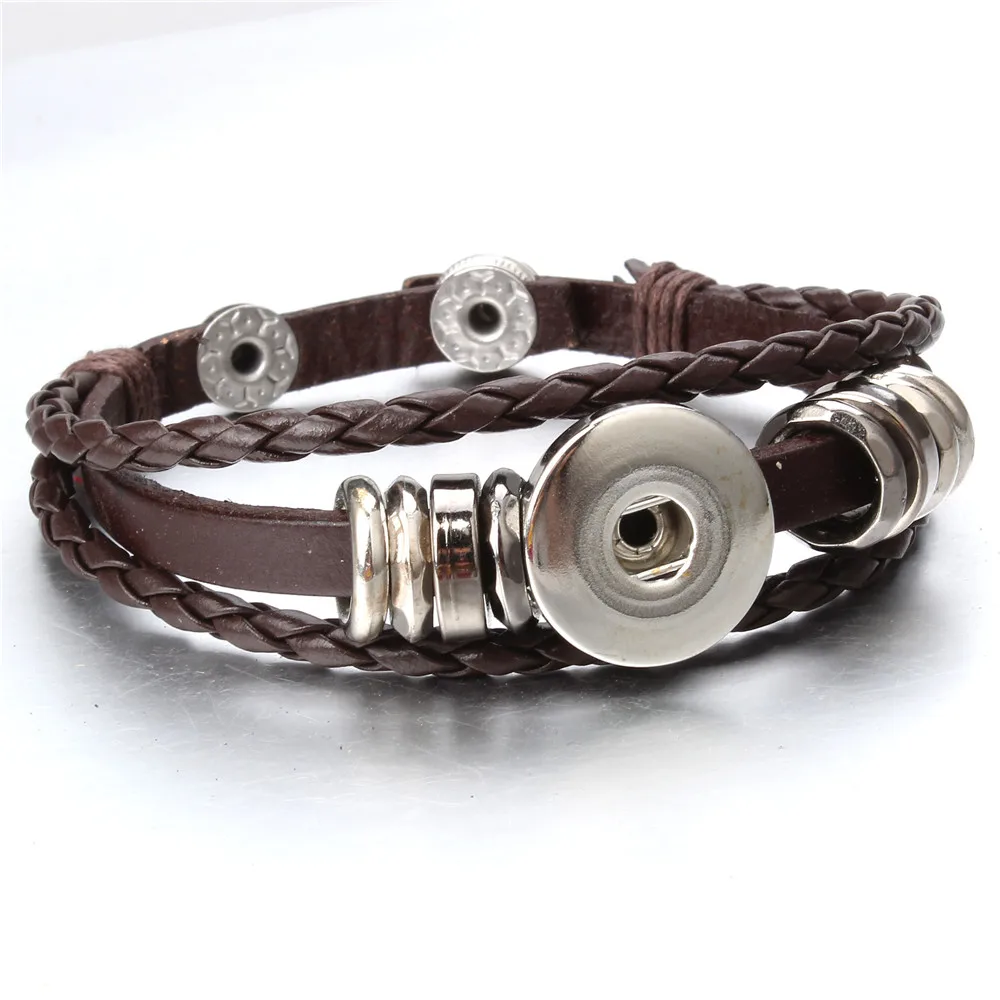 Hot Sale Snap Leather Bracelet Retro Handmade Braided Leather Button Snap Bangles fit 18MM Snaps for Women Men Buttons Jewelry