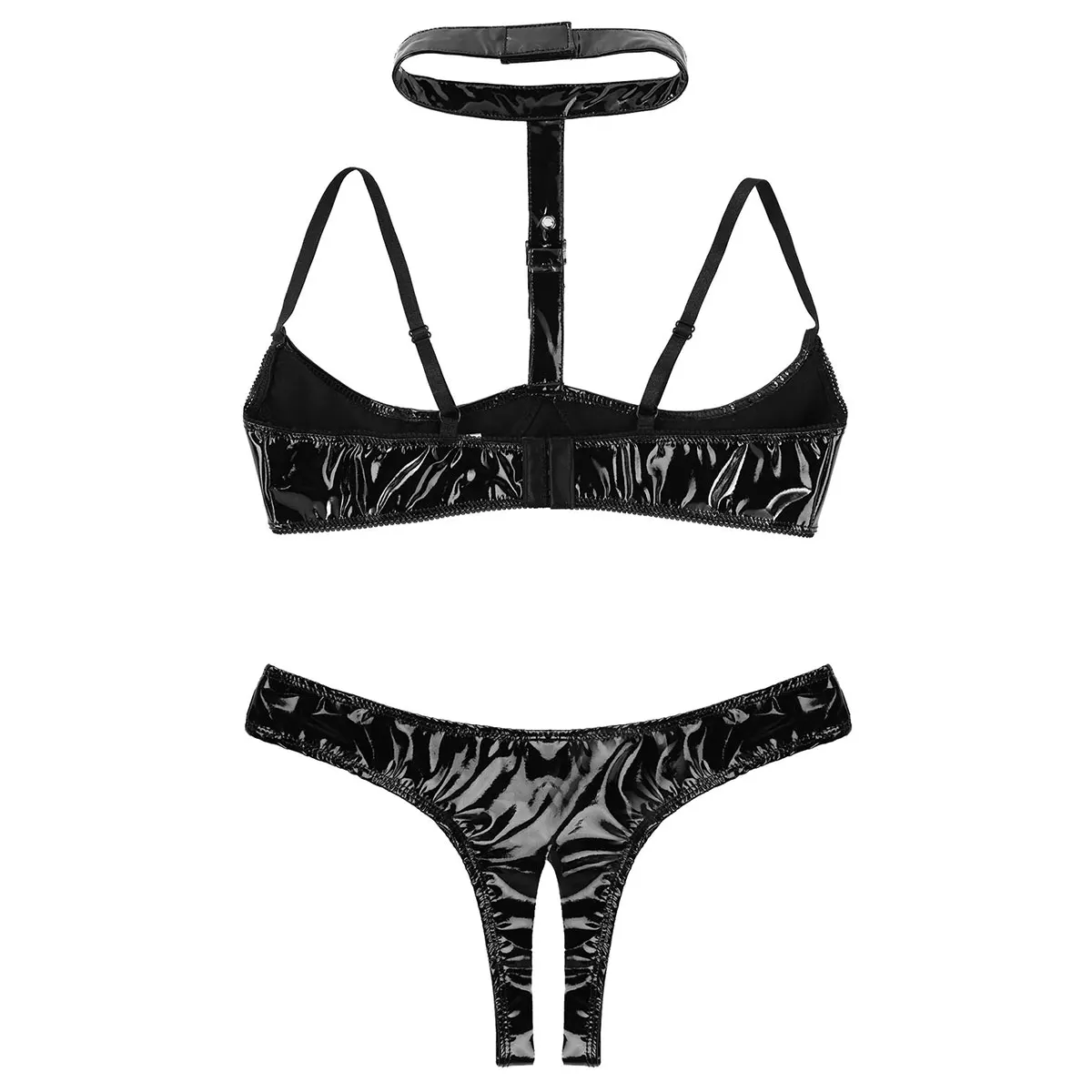 Women Latex Hot Sexy Lingerie Set Patent Leather Erotic Porn Underwear Push Up Open Cups Bra Tops with Crotchless Briefs Panties