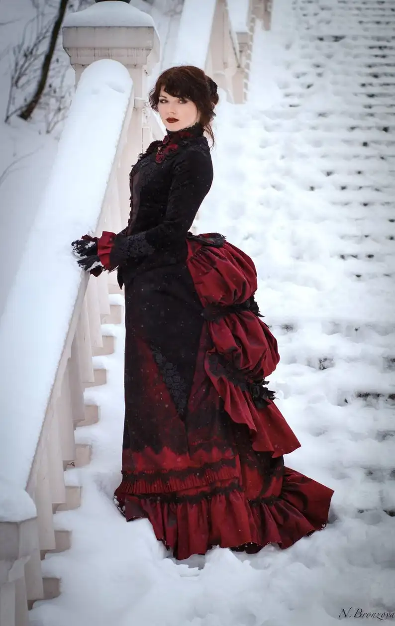 Vestido de boda gótico Vintage negro y Burdeos, traje Victoriano de manga larga para caminar, falda de busto y chaqueta de terciopelo, vestidos de novia