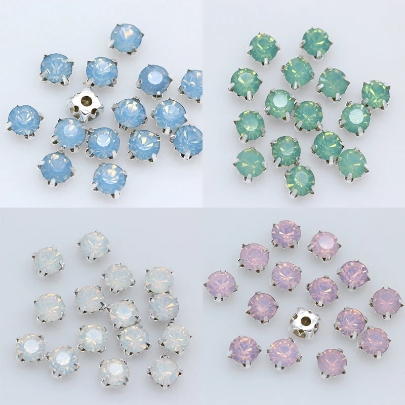 100pc 4mm Sew on Opal crystal Rhinestone Flatback Diamante Diy Decorative Silver Cup Claw 4-holes Sewing Beads Clothes Craft