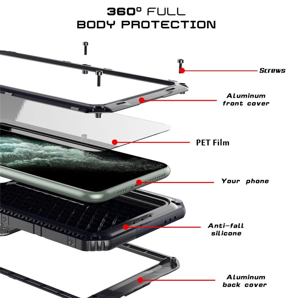 Luxury IP68 Water proof Metal Aluminum Phone Case for iPhone 12 11 Pro Max XR X 6 6S 7 8 Plus XS Max Shockproof Waterproof Cover