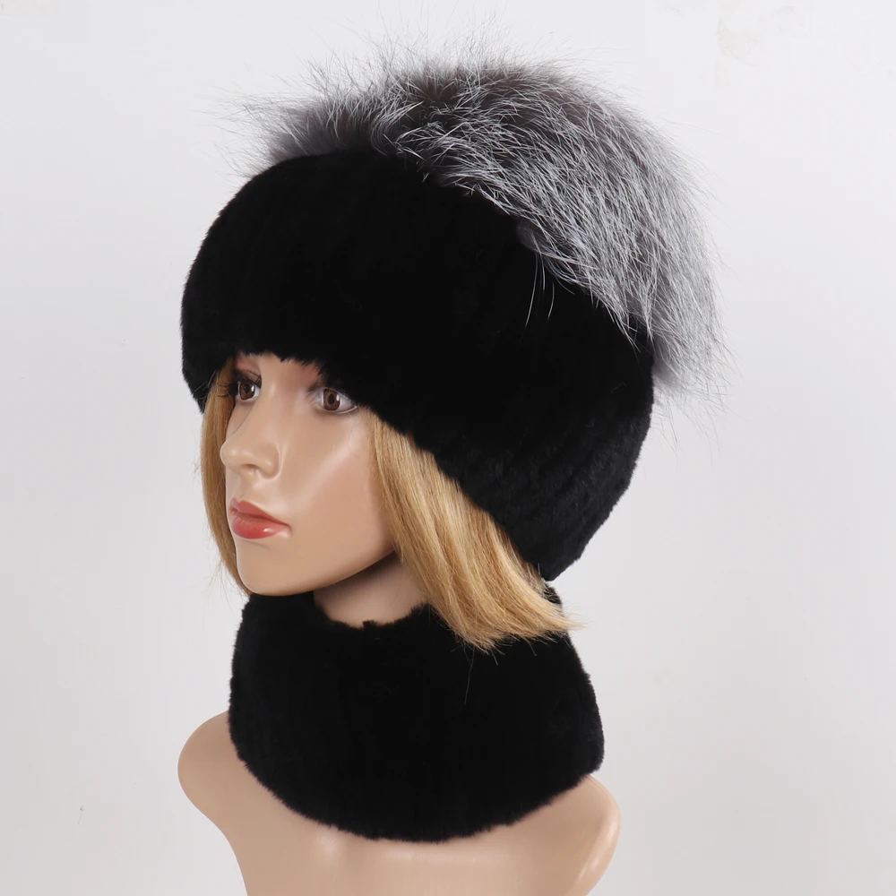 Women's Winter Warm Genuine Fur Hat Scarf Set Real Rex Rabbit Fur Cap with Silver Fox Scarves 2-Piece Natural Fashion Accessory