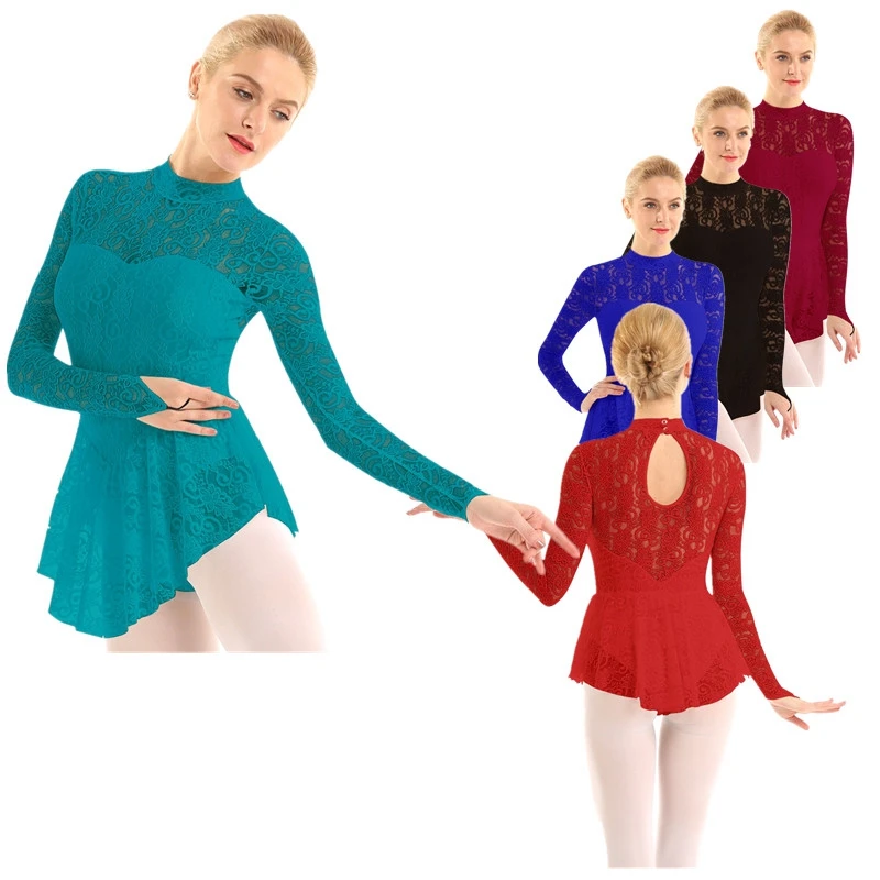 Women Dance Leotard Mock Neck Long Sleeve Lace Figure Ice Skating Roller Skating Ballet Dance Dress  Stage Performance Costume