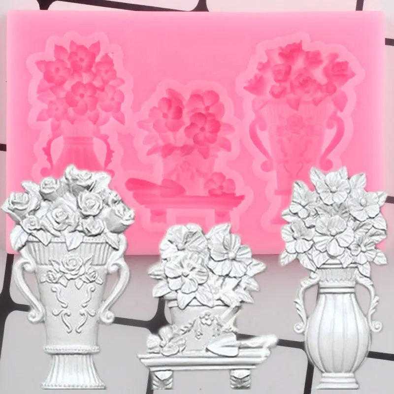 Flower Vase Border Silicone Mold Bouquet Fondant Cake Decorating Tools DIY Cupcake Topper Candy Clay Chocolate Gumpaste Moulds