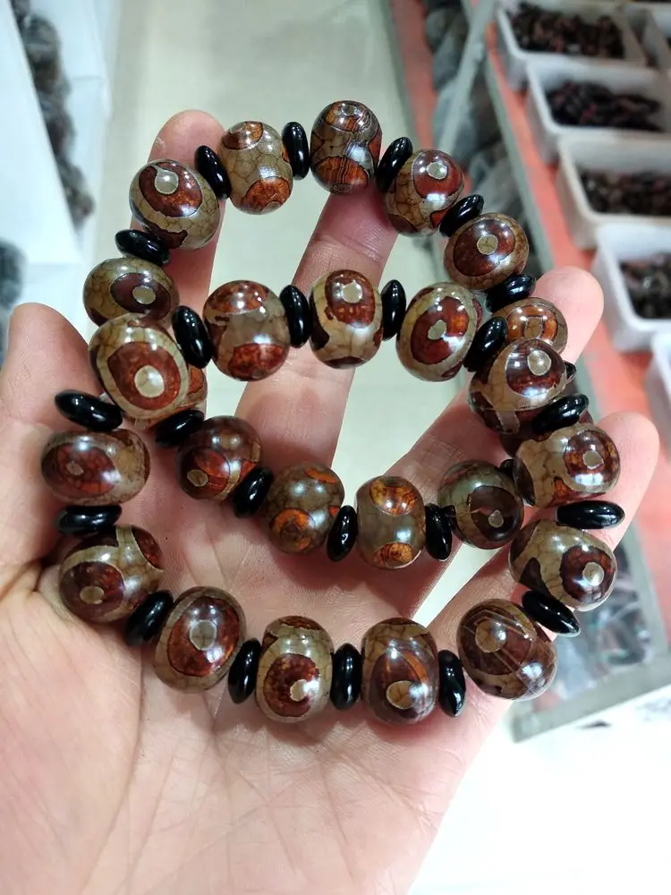 

2 Piece Nature Brown Tibetan Dzi Bead Bangle Amulet Bless 3 Eyes Vein Bracelet Churinga