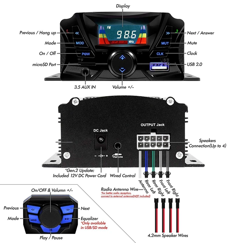 3 Inch Motorcycle Waterproof Bluetooth Speakers 4 Channel Amplifier Mp3 Music Sound o Stereo Amp System