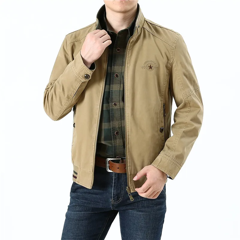 Spring Autumn Jacket Men Double Sides Wear Cotton Jackets Coats Stand Collar Slim Fit Casual Multi-pockets Military Jacket Man