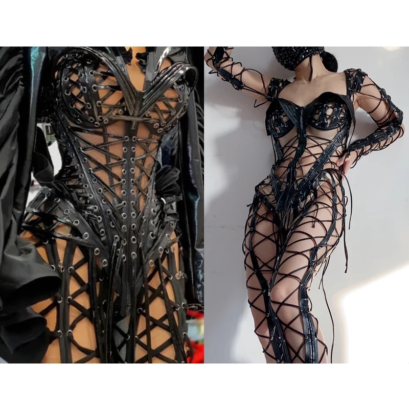 Women stage dance costume Nightclub party girl Rivet Punk Lace Hollow Corset Bodysuit