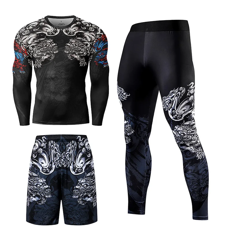 Conjunto de agasalho de compressão manga comprida masculino, roupa esportiva fitness, parte superior apertada, perneiras de cintura, roupas esportivas, roupas de ginástica, treino, 2, 3 peças