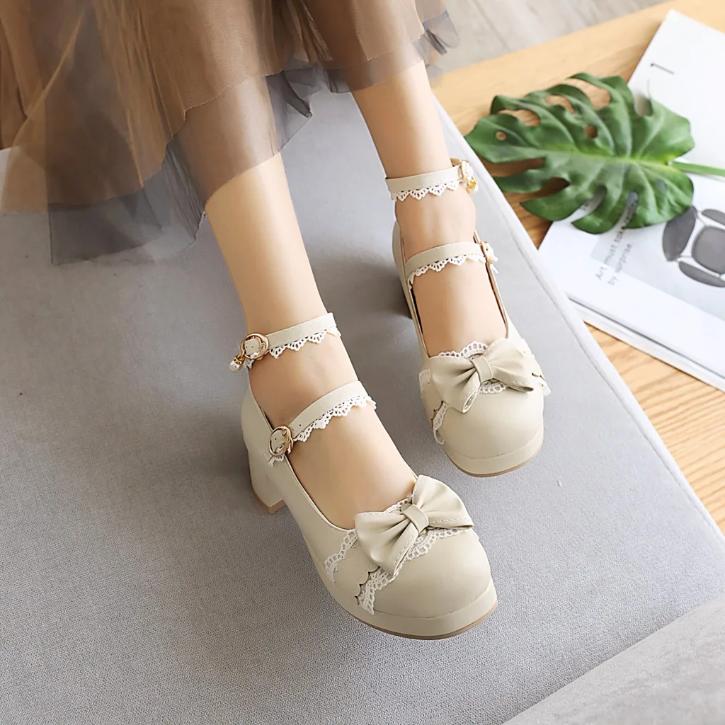 Dolce Lolita principessa Mary Janes scarpe papillon pizzo increspature incrociate Strappy Cosplay uniformi pompe donne festa di nozze ragazze