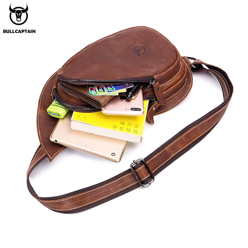 BULLCAPTAIN Leather Crossbody Bag Men Crazy Horse Leather Chest Bags New Fashion Multi-Function Card Bag\'s Mobile Phone Bages