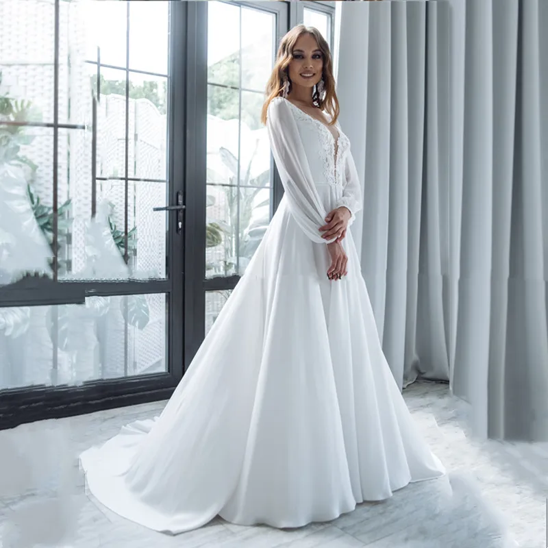 Boho Chiffon Wedding Dress Women High Split Long Puff Sleeve V-Neck Lace Beach Bridal Gown Sweep Train Bohemian Vestido De Novia