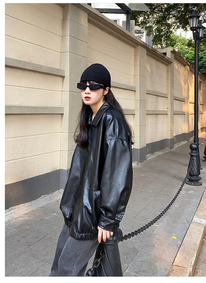 韓国黒革のジャケットの女性の冬ロング女性のモトバイカージッパー