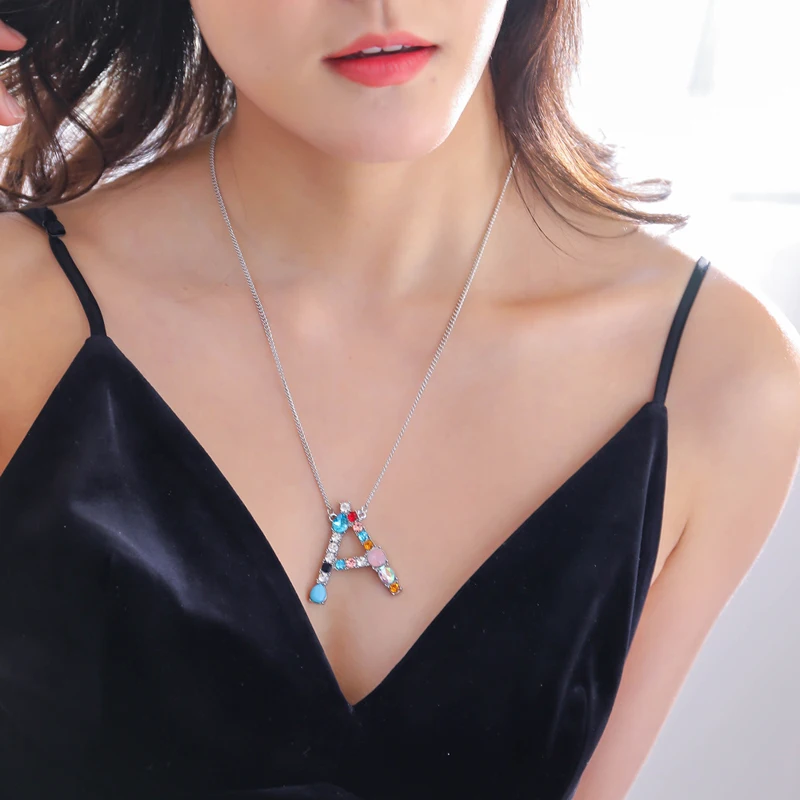 Fashion Charm Multicolor Initial 26 Alphabet Gold/Silver Color Necklace Micro Pave Zircon  Letter Necklaces Couple Name