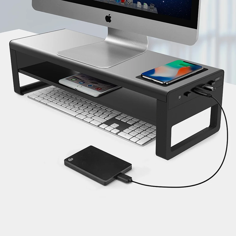 

2 Tiers Aluminum Monitor Stand with Wireless Charging and 4 Ports USB 3.0 Hubs Support Data Transfer Desktop Organizer