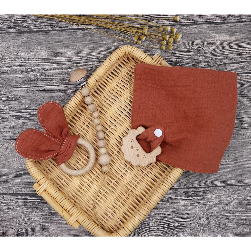 100%  muslin cotton baby comforting towel bunny teether wooden ring newborn pacifier chain baby teether set