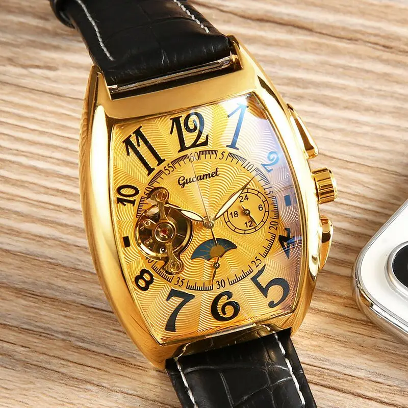 Luxury Automatic Mechanical Watches Men Moon Phase Skeleton Retro Self Winding Wristwatch Male Gold Case Clock Leather Watches