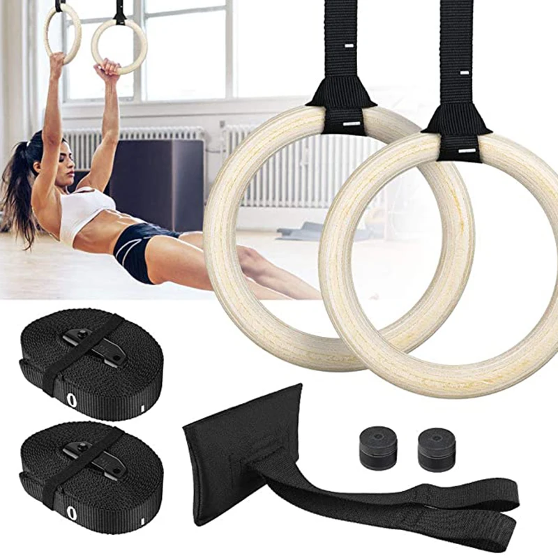 1Pair 28/32mm Birch Wood Gymnastic Rings Indoor Gym Fitness Home Playground Pull-up Training Ring with Adjustable Straps Buckles