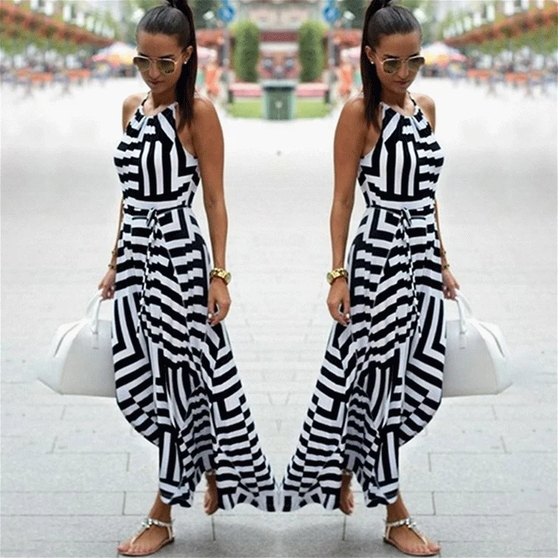 Women Sexy Boho Striped Sleeveless Maxi Long Beach Style Strap Sundress Vestidos For Female