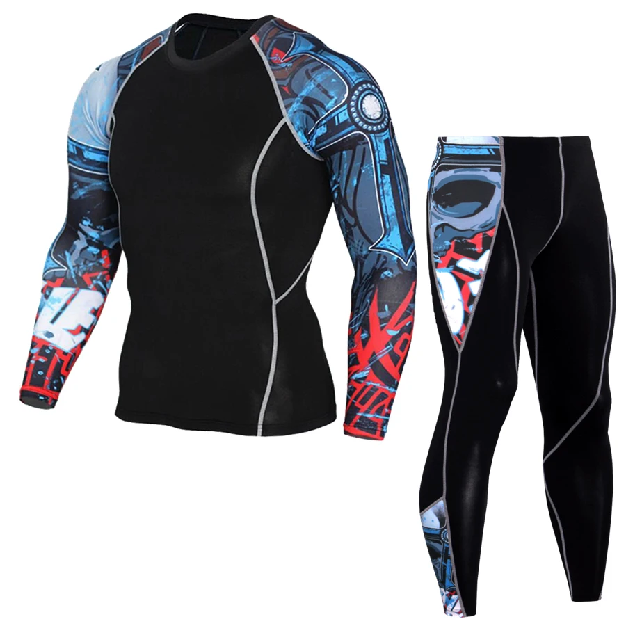 Mens Sports Suits Compression Shirt Pants Set Long Sleeve Fitness Training MMA Bodybuilding Clothes Quick Dry Running Sportswear