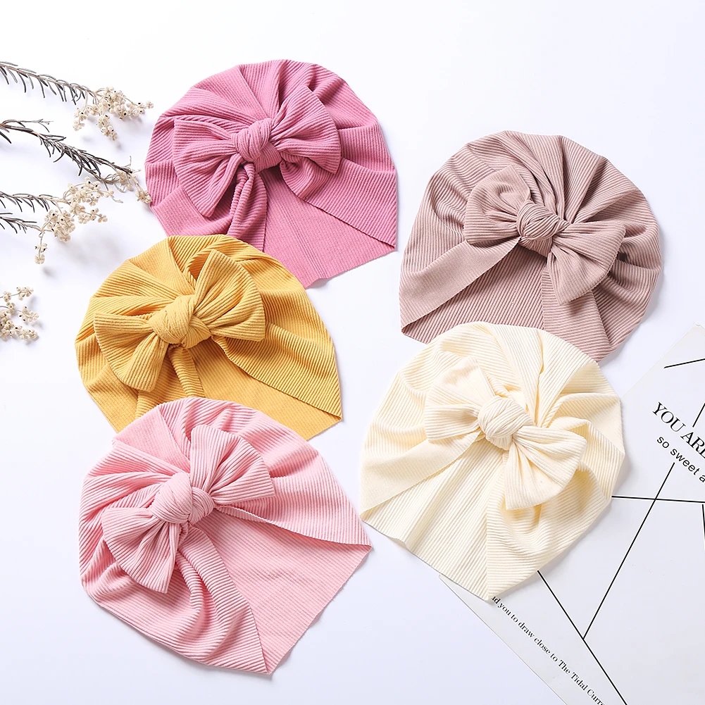 Solid Ribbed Bowknot Baby Girl Turban Hat for Newborn Form 0 to 4T Bebe Boy Winter Autumn Caps Fashion Infant Hair Accessories