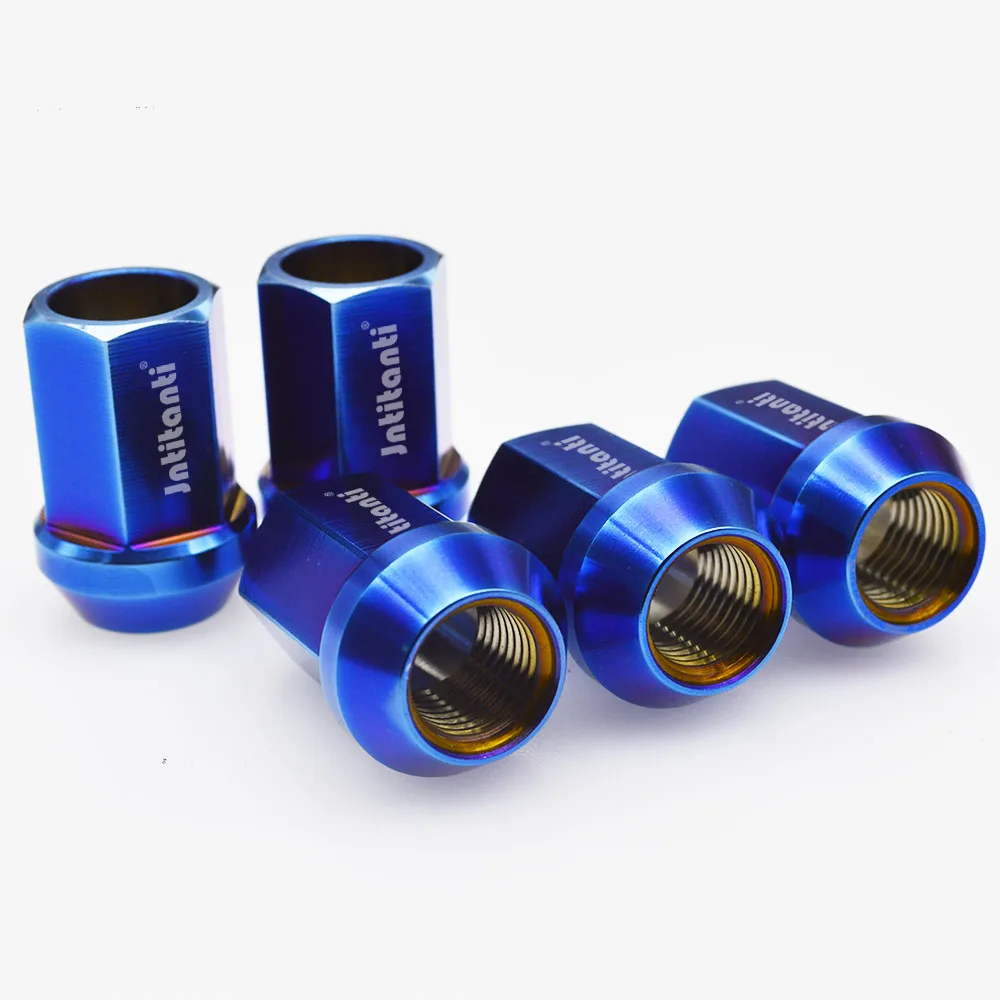 Blue high strength M14*1.5*35 full hex Gr5 titanium lug nut with cone seat