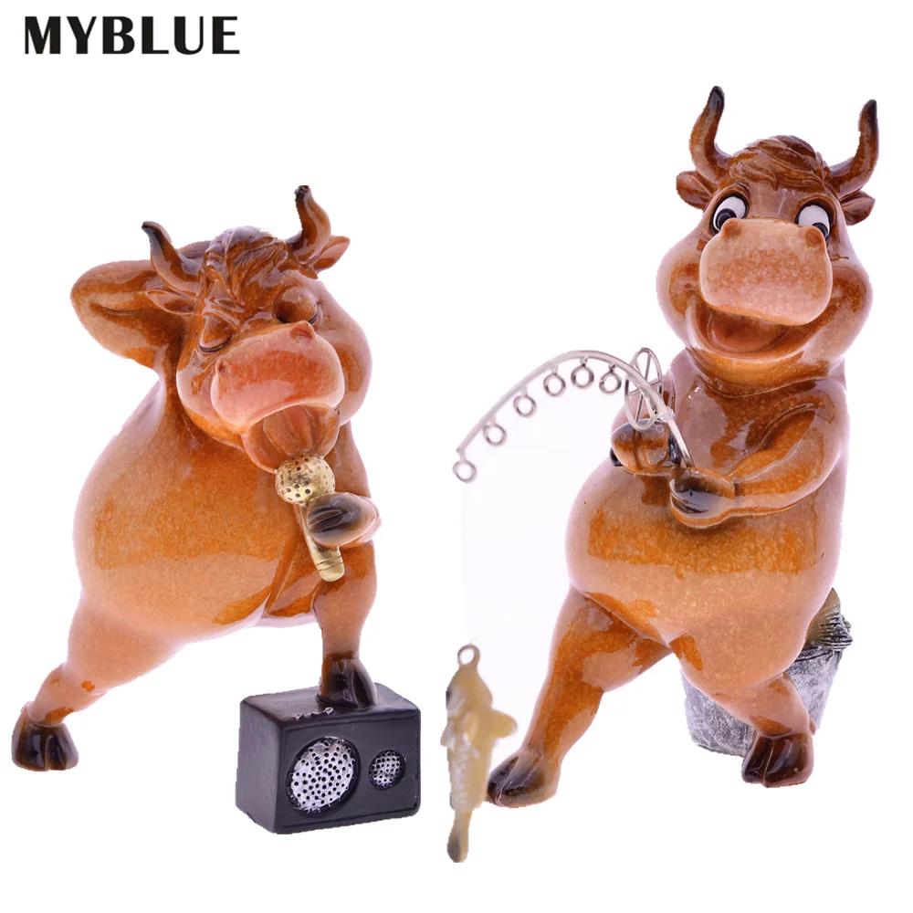 

MYBLUE Kawaii Bull Resin Figure Cow Fishing Singing Zodiac Cattle Figurine Nordic Home Room Garden Decoration Accessories