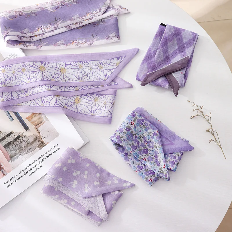 Summer French Retro Purple Tied Hair Small Floral Long Silk Scarf Headband Braided Hair Chiffon Thin Ribbon Scarf