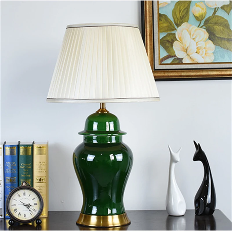 American Deep Green General Ceramic Table Lamp Bedroom Bedside Living Room Foyer Study Desk Reading Night Light TD034