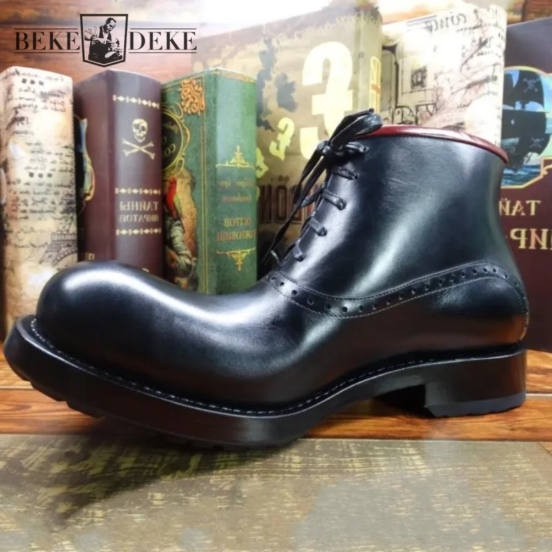 Vintage Mens Motorcycle Bikers Boots Handmade Genuine Leather Work Shoes Large size 45 Lace Up Classic Black Ankle Boots Male