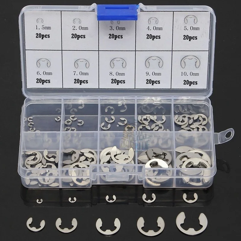 Kit contenant un assortiment de circlips en acier inoxydable, 120 ou 200 pièces, M1,5~M10, bague de retenue, pour fixation d\'arbre, rondelle