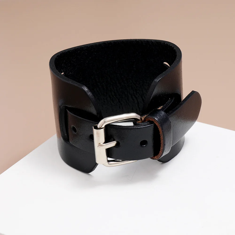 New Fashion Men Wide Genuine Leather Bracelet Brown Black Wide Cuff Bracelets & Bangles Vintage Punk Wristband Men Jewelry Gift