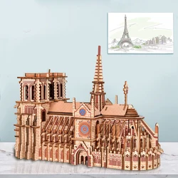 DIY 3D Wooden Puzzle Notre Dame Cathedral Paris Dimensional Model Learning Educational Toys For Children Architecture Decoration