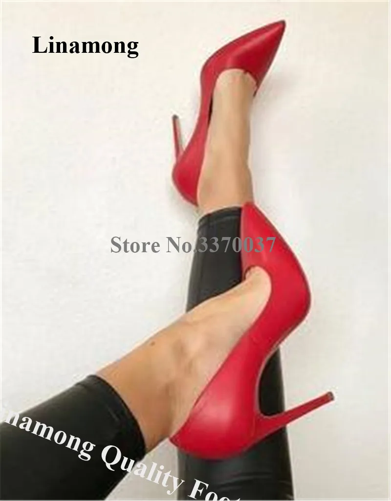 Linamong Top Brand Design Pointed Toe Stiletto Heel Matte Leather Pumps Red Purple Brown High Heels Popular Shallow Dress Shoes