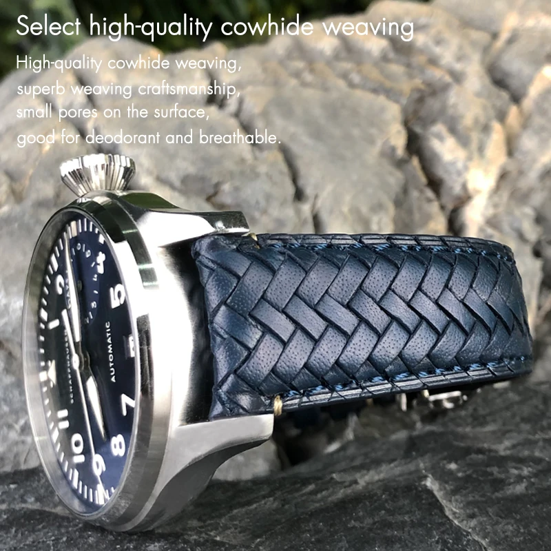 22mm 20mm 21mm Cowhide Woven Watchband Fit for IWC Portugieser Pilot's Watches Portofino IW5007 Blue Soft Leather Watch Strap