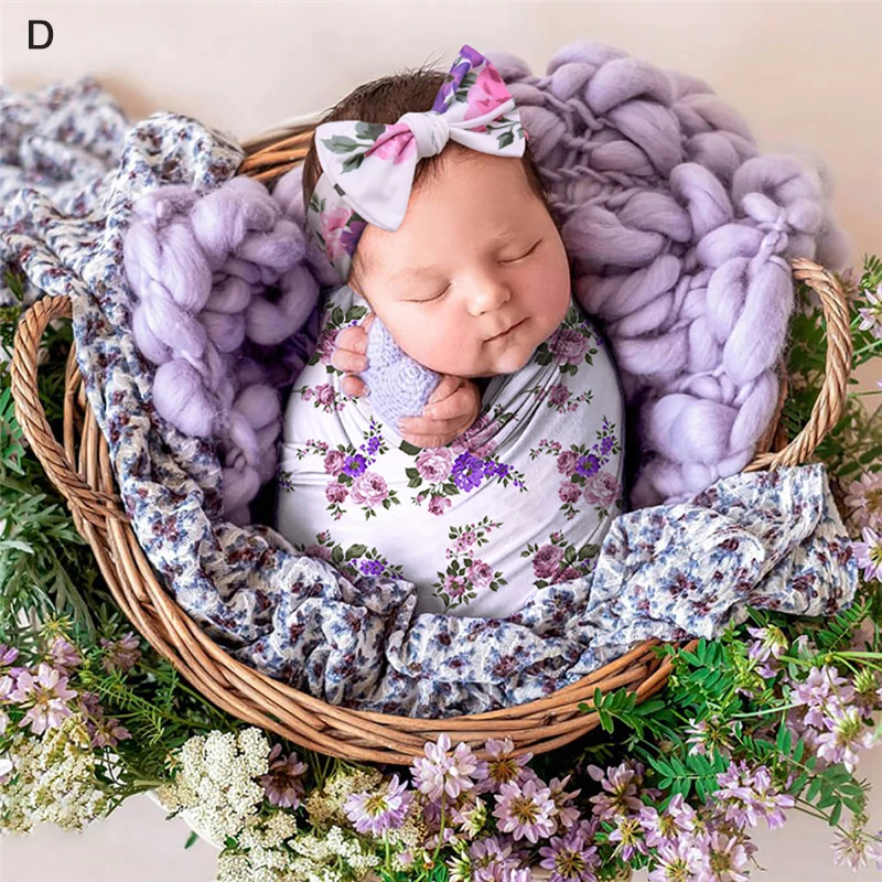 Floral Baby Wrap Photography Infant Wraps Swaddle With Headband Bebe Boy Girl Photo Blanket Soft Stretch Fabric