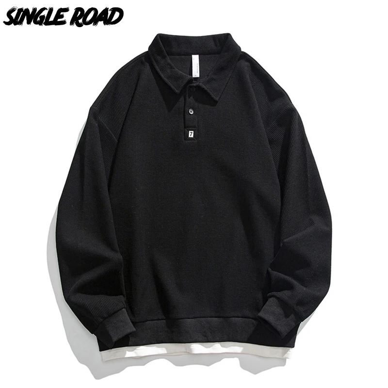 

Single Road Mens Polo Collar Sweatshirt Men 2023 Cotton Sweatshirts Oversized Korean Streetwear Casual Black Golf Jersey Men