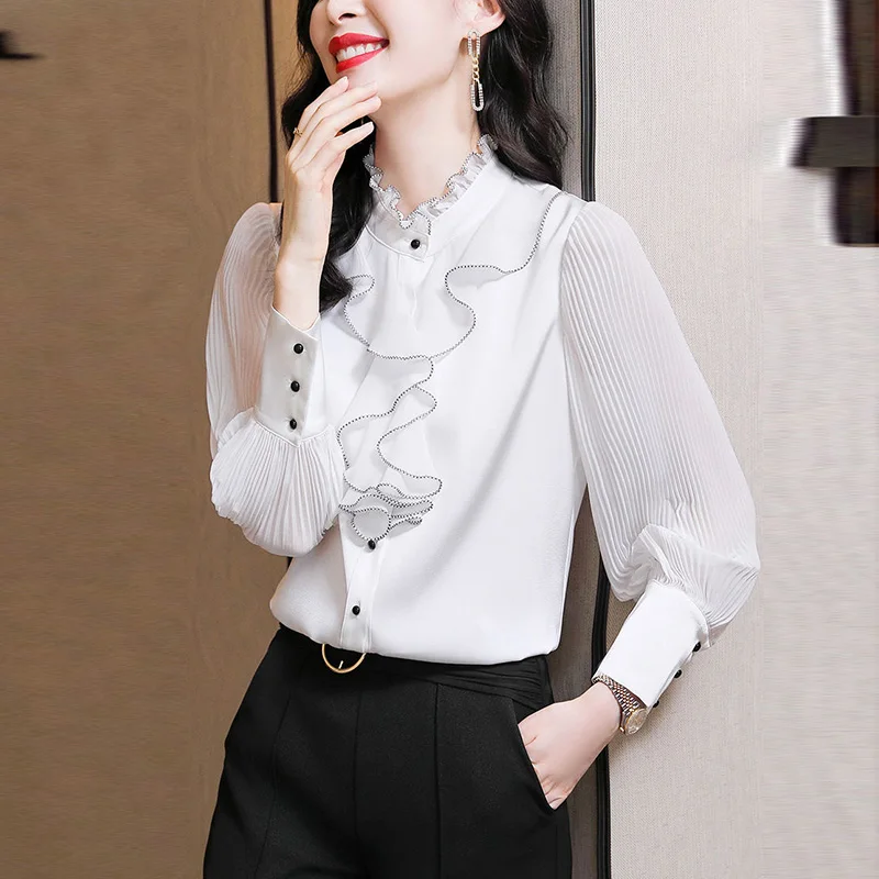 Women Blouse Lace Ruffles Chiffon Shirts Clothes Spring Autumn Office Lady Folds Lantern Sleeve Pullovers Elegant Vintage Blouse