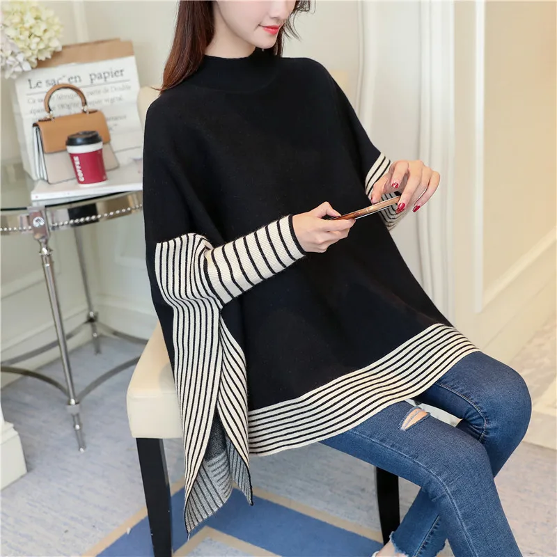 

2021 New Winter And Autumn Loose Striped Knitted Pullover Turtleneck Sweater Poncho Warm Women's Cape Pashimina Shawls Mujer