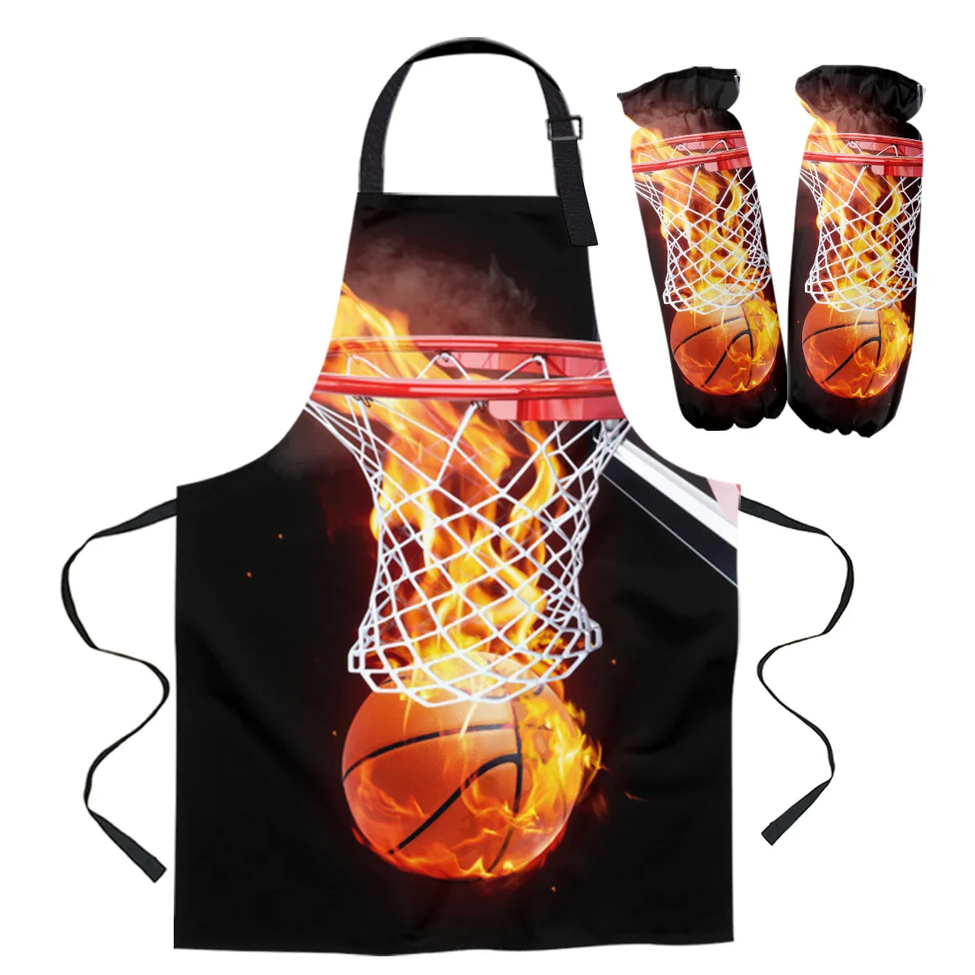 Flame Basketball Ball Box Sports Art Apron Set Brief Adult Kitchen Baking Cooking Accessories Cuff Oven Mitts Bib Kids Aprons